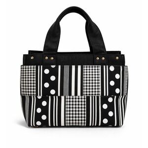 Black White Patch Work Tote Bag Striped Polka Dot Gingham Satchel Purse Tianni